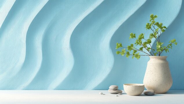 Light blue textured wall, vase with small green leaves, and teacup on white surface