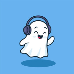 Cute Happy Ghost Listening Music with Headphones