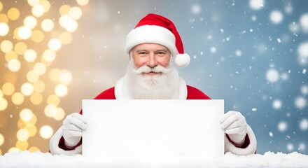 Naklejka premium Santa Claus, dressed in his traditional red suit and hat, holds a blank sign. The background features bokeh lights and falling snow, creating a festive atmosphere.