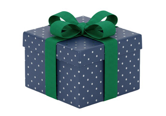 Isolated gift box with green ribbon and a bow is wrapped in dark-blue paper with polka dots