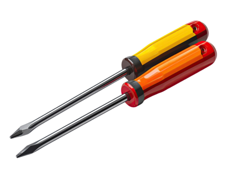 Two screwdrivers, one yellow/black and one orange/red, lie diagonally.  Metal shafts, plastic handles.  Close-up, studio shot