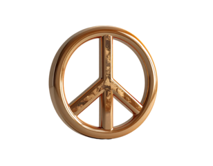Metallic bronze peace symbol, 3D rendered, glossy, circular, textured surface
