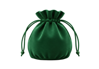 Isolated velvet gift bag or jewelry pouch in dark green, closed, with drawstring