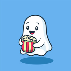Cute Happy Ghost Eating Popcorn Cartoon Illustration