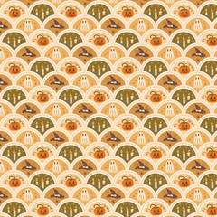 Seamless Halloween pattern with pumpkins, ghosts, candles, and witch hats in warm autumn tones, arranged in a scalloped geometric style.
