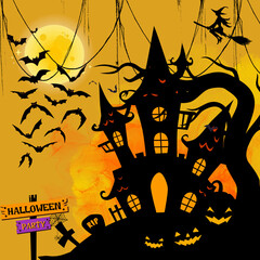 Spooky Halloween scene with a haunted house, glowing pumpkins, flying bats, full moon, witch on a broomstick, and graveyard party sign.