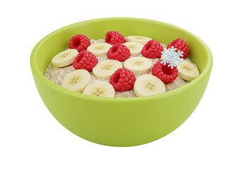 Isolated bowl of oatmeal topped with fresh bananas and raspberries, healthy breakfast