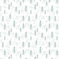 Minimal seamless pattern with green pine trees and scattered dots on a white background, evoking a calm winter forest feel.