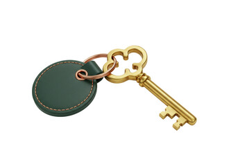 Isolated vintage golden key with dark green leather tag on keyring for safety deposit box