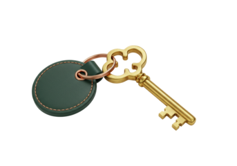 Isolated vintage golden key with dark green leather tag on keyring for safety deposit box