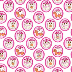 Cute seamless pattern of pink cowgirl ghosts with pumpkins, candy, and horses inside scalloped frames on a white background.
