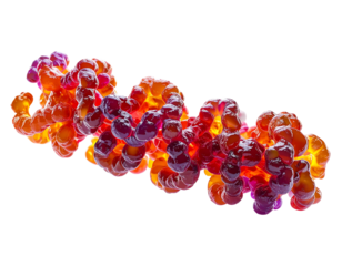 A 3D rendering of a double helix structure, glowing with warm and cool tones, appearing translucent and organic