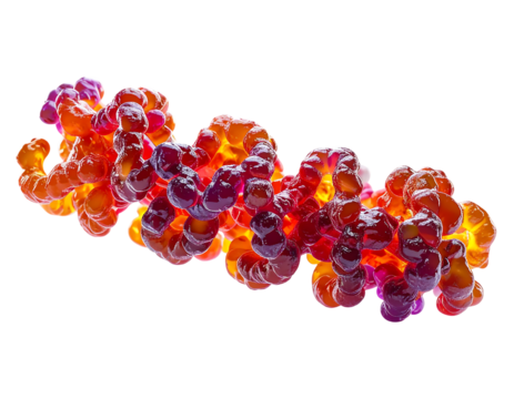 A 3D rendering of a double helix structure, glowing with warm and cool tones, appearing translucent and organic