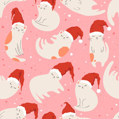 Merry Christmas seamless pattern with cute hand drawn cats In Santa hat isolated on pink background. Holiday animal design template for card, invitation. Vector illustration