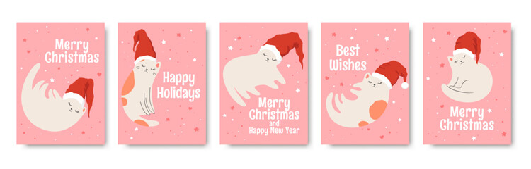 Merry Christmas vector cards set with cute hand drawn cats in Santa hat and letterings isolated on pink background.Holiday vector illustration templates for card print, poster, invitation