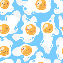 Vector illustration of cute hand drawn fried eggs seamless pattern isolated on blue background. Funny cartoon style character design for card, poster print, fabric printing, breakfast menu