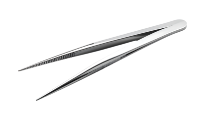 Sleek, silver, metallic tweezers with fine, serrated tips, angled slightly, isolated on black background