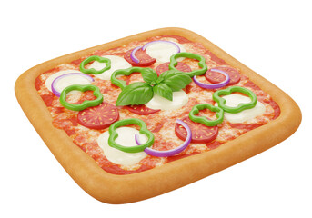 Isolated Square Pepperoni Pizza Topped with Basil and Fresh Vegetables - Delicious Meal
