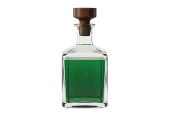 Isolated vintage glass decanter containing mysterious green elixir for science or magic