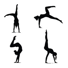 Dynamic gymnastics silhouette set featuring handstand poses isolated on white background