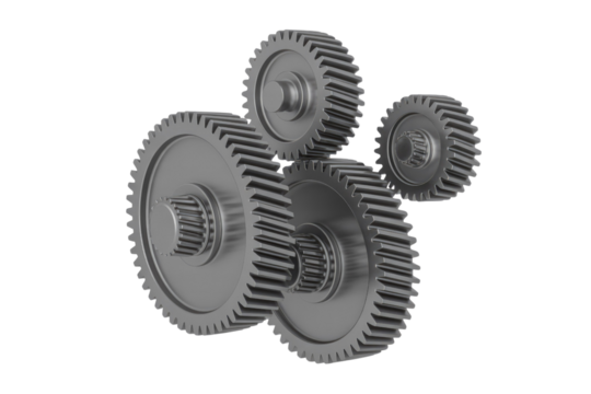Interlocking metal gears, a 3D rendering showcasing intricate mechanical components. background removed - Powered by Adobe