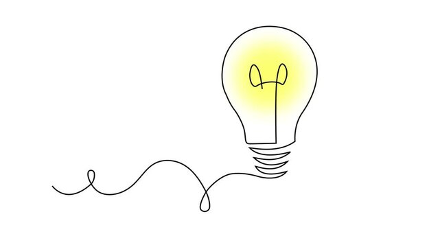 Animated glowing light bulb with a single line drawing concept for ideas and innovation, illuminating yellow light on a clean white background, perfect for presentations.