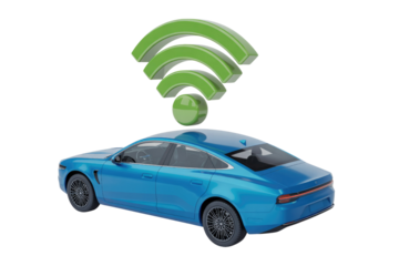 A blue car with a green Wi-Fi symbol above it, representing connected car technology. background removed