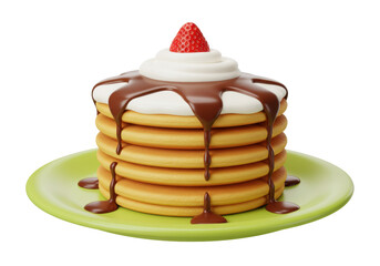 Isolated pancake stack with chocolate sauce, whipped cream, strawberry on a plate