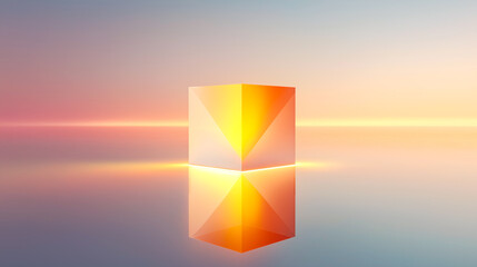 Glowing geometric cube on a reflective surface with surreal sunset sky. Minimalist design, vibrant light effects, ideal for tech branding, digital art, or futuristic advertising.