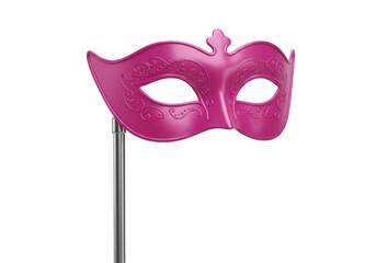 Isolated pink masquerade mask on stick for a carnival or costume party event, ball