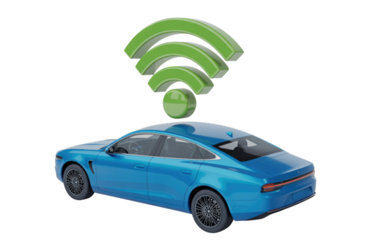 A blue car with a green Wi-Fi symbol above it, representing connected car technology. background removed - Powered by Adobe