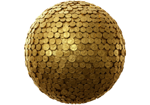 Isolated sphere covered in gold coins forming solid ball, currency pattern, finances and wealth