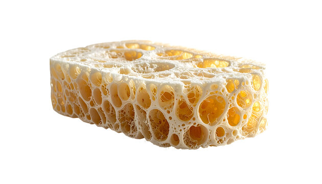 Pale yellow, rectangular cellulose sponge with numerous large and small interconnected holes, exhibiting a porous, airy texture