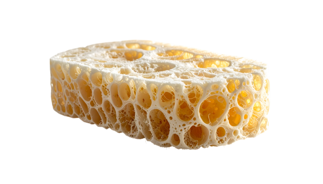Pale yellow, rectangular cellulose sponge with numerous large and small interconnected holes, exhibiting a porous, airy texture