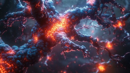 Abstract Microscopic View of a Neural Network with Glowing Orange Energy and Blue Organic Forms