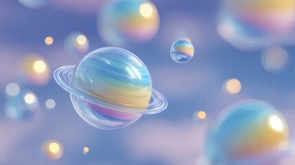 パステルカラーの惑星とリングを持つ3Dイメージ