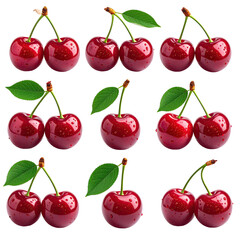 Nine pairs of vibrant, glossy red cherries, each with a green leaf and stem
