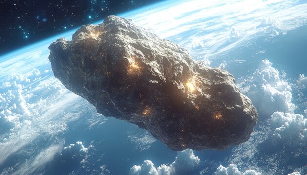 Massive asteroid with glowing fissures looms over Earth's atmosphere, stars visible