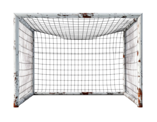Top-down view of a weathered soccer goal.  Faded white metal frame, showing rust and age.  A mesh net fills the opening.  Dark background