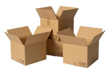 Three open cardboard boxes stacked, ready for packaging and shipping. background removed