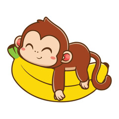 Cute monkey relaxing on a banana, smiling happily.