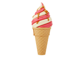 Isolated strawberry vanilla ice cream cone with caramel drizzle, summer sweet treat
