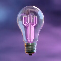 紫色の光る回路を備えたクリアな電球のクローズアップ