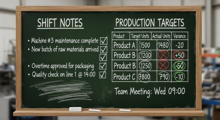 Factory chalkboard displaying shift notes and production targets with positive and negative variances
