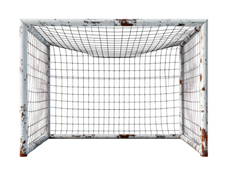 Top-down view of a weathered soccer goal.  Faded white metal frame, showing rust and age.  A mesh net fills the opening.  Dark background