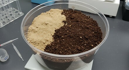 A dual-compartment container with contrasting soil samples sits on a digital scale, surrounded by lab tools&mdash;capturing the precision of environmental testing