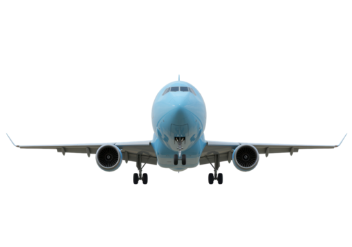 Isolated passenger aircraft approaching for landing, front view in sky during daytime