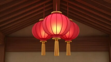 Three Red Lanterns Against A Wood Ceiling