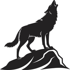 Modern howling wolf silhouette icon design on a rock against a white background, suitable for sports teams and branding.