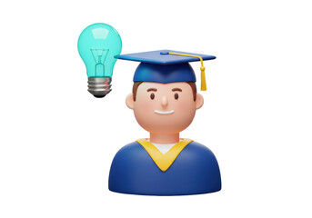 Isolated graduate with light bulb, 3d render of graduation student with bright idea